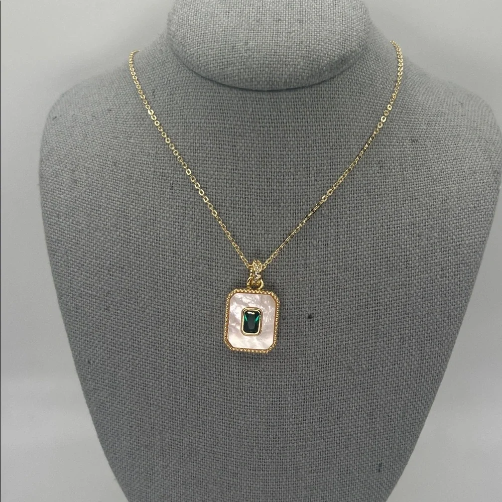 092. 18k Gold Plated Necklace with Emerald Stone and Mother of Pearl 16”-17 1/2” - Picture 2 of 3